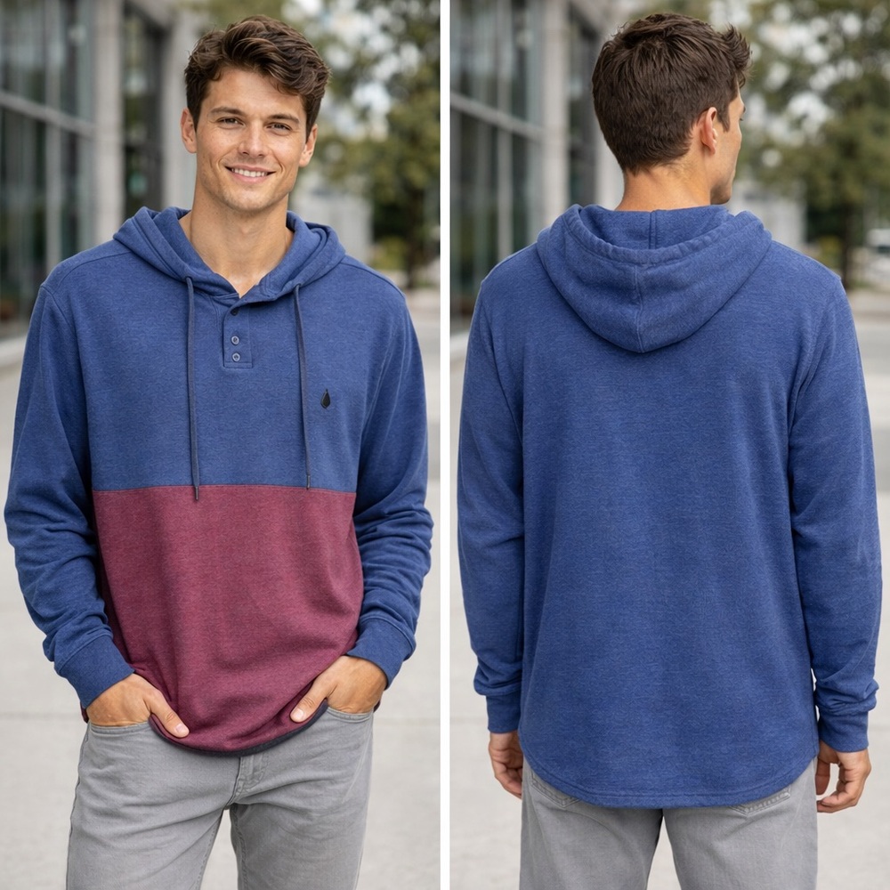 Volcom Men's Murphy Hooded Thermal Shirt Color-Block Navy/Maroon Hoodie Medium